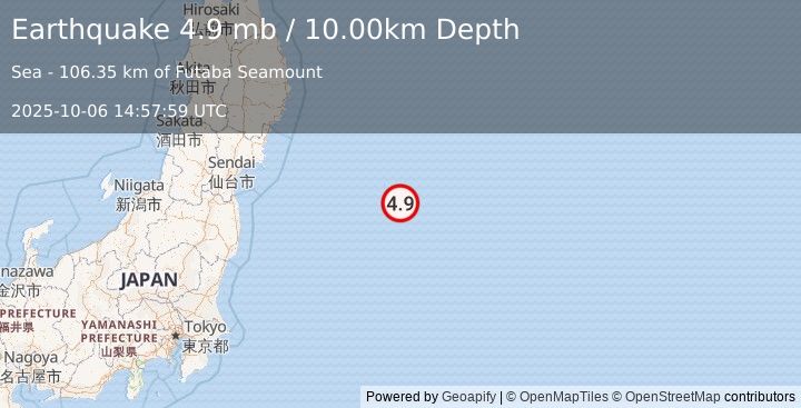 Earthquake 253 km ESE of Onagawa Chō, Japan (4.9 mb) (2025-10-06 14:57:59 UTC)