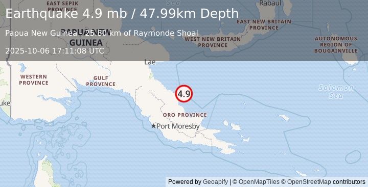 Earthquake 79 km NNE of Popondetta, Papua New Guinea (4.9 mb) (2025-10-06 17:11:08 UTC)