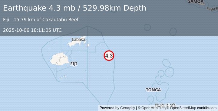 Earthquake 246 km ENE of Levuka, Fiji (4.3 mb) (2025-10-06 18:11:05 UTC)