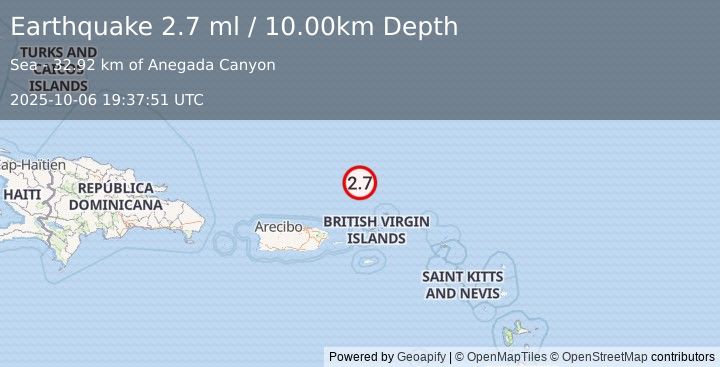 Earthquake 112 km N of Charlotte Amalie, U.S. Virgin Islands (2.7 ml) (2025-10-06 19:37:51 UTC)