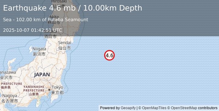 Earthquake 249 km ESE of Onagawa Chō, Japan (4.6 mb) (2025-10-07 01:42:51 UTC)
