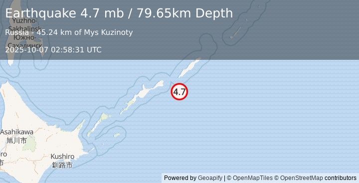 Earthquake 130 km E of Kuril’sk, Russia (4.7 mb) (2025-10-07 02:58:31 UTC)