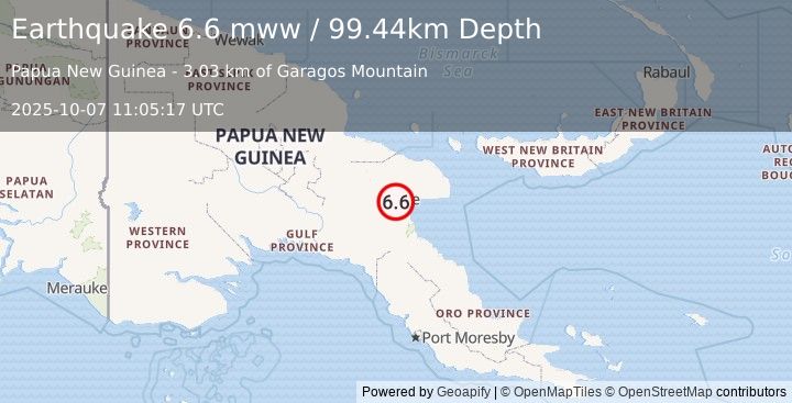 Earthquake 26 km WSW of Lae, Papua New Guinea (6.6 mww) (2025-10-07 11:05:17 UTC)