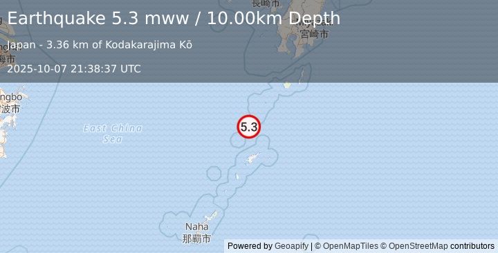 Earthquake 86 km NNW of Tatsugō, Japan (5.3 mww) (2025-10-07 21:38:37 UTC)
