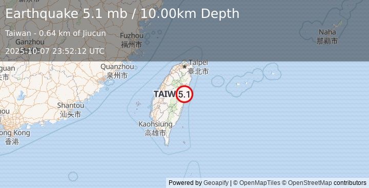 Earthquake 4 km WSW of Hualien City, Taiwan (5.1 mb) (2025-10-07 23:52:12 UTC)