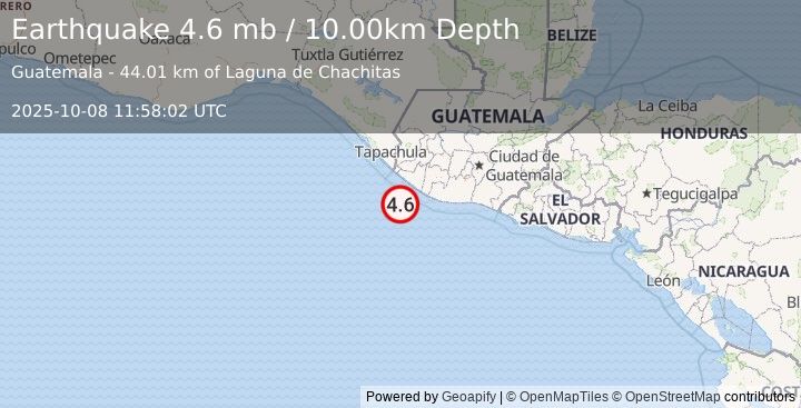 Earthquake 46 km SSW of Champerico, Guatemala (4.6 mb) (2025-10-08 11:58:02 UTC)