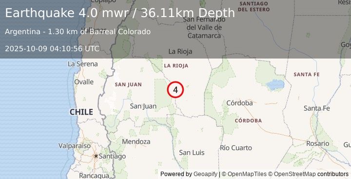 Earthquake 48 km SE of San Agustín de Valle Fértil, Argentina (4.0 mwr) (2025-10-09 04:10:56 UTC)