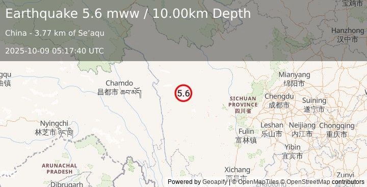 Earthquake 210 km N of Daocheng, China (5.6 mww) (2025-10-09 05:17:40 UTC)