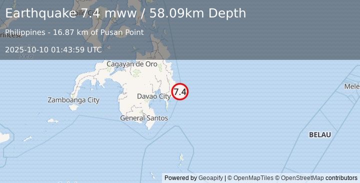 Earthquake 20 km E of Santiago, Philippines (7.4 mww) (2025-10-10 01:43:59 UTC)