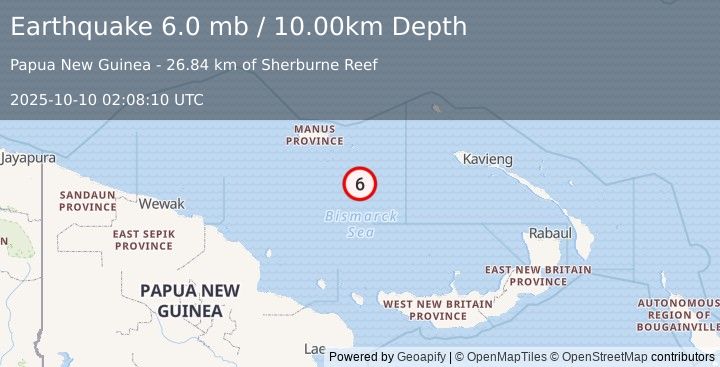 Earthquake 144 km SSE of Lorengau, Papua New Guinea (6.0 mb) (2025-10-10 02:08:10 UTC)