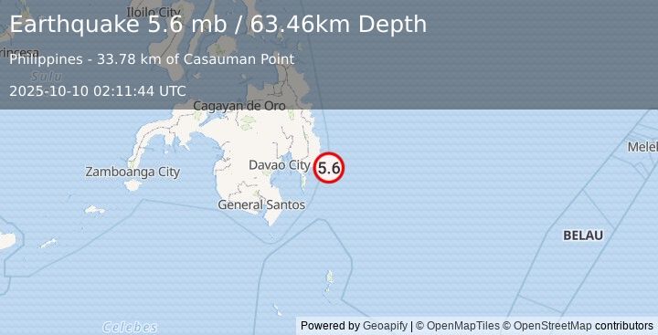 Earthquake 36 km ESE of San Ignacio, Philippines (5.6 mb) (2025-10-10 02:11:44 UTC)