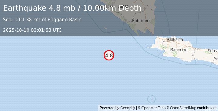 Earthquake southwest of Sumatra, Indonesia (4.8 mb) (2025-10-10 03:01:53 UTC)