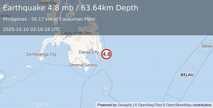 Earthquake 52 km ESE of San Ignacio, Philippines (4.8 mb) (2025-10-10 03:10:18 UTC)