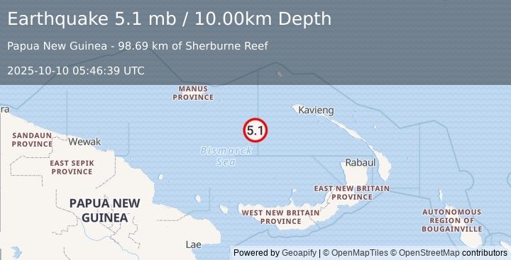 Earthquake 219 km WSW of Kavieng, Papua New Guinea (5.1 mb) (2025-10-10 05:46:39 UTC)