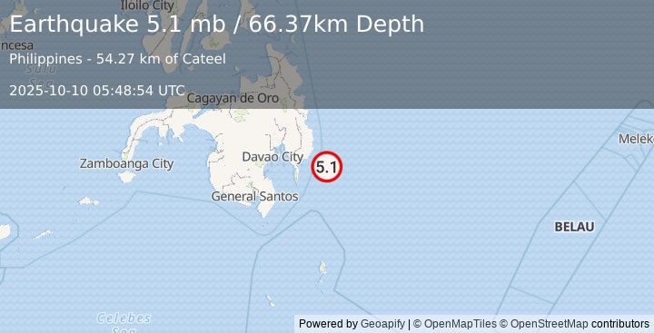 Earthquake 58 km ESE of Jovellar, Philippines (5.1 mb) (2025-10-10 05:48:54 UTC)