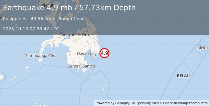 Earthquake 46 km ESE of Santiago, Philippines (4.9 mb) (2025-10-10 07:38:42 UTC)