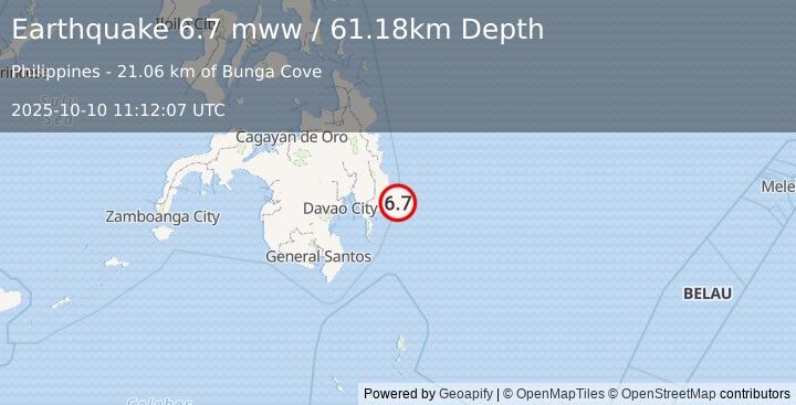 Earthquake 23 km ESE of Santiago, Philippines (6.7 mww) (2025-10-10 11:12:07 UTC)