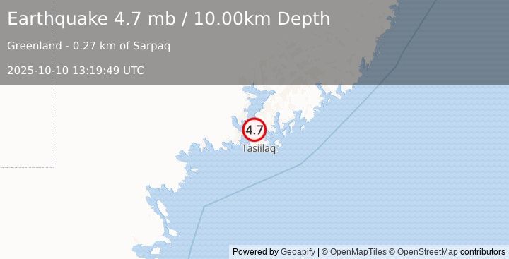 Earthquake 27 km NNW of Tasiilaq, Greenland (4.7 mb) (2025-10-10 13:19:49 UTC)