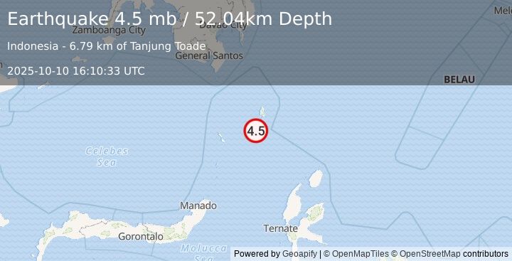 Earthquake 219 km SE of Sarangani, Philippines (4.5 mb) (2025-10-10 16:10:33 UTC)