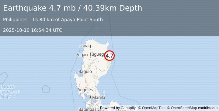 Earthquake 48 km N of Dicabisagan, Philippines (4.7 mb) (2025-10-10 16:54:34 UTC)