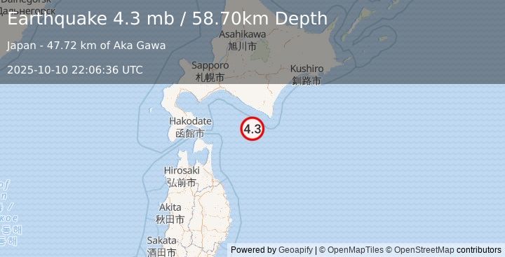 Earthquake 48 km S of Urakawa, Japan (4.3 mb) (2025-10-10 22:06:36 UTC)