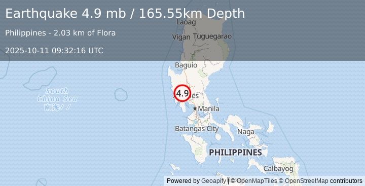 Earthquake 10 km S of Santa Juliana, Philippines (4.9 mb) (2025-10-11 09:32:16 UTC)