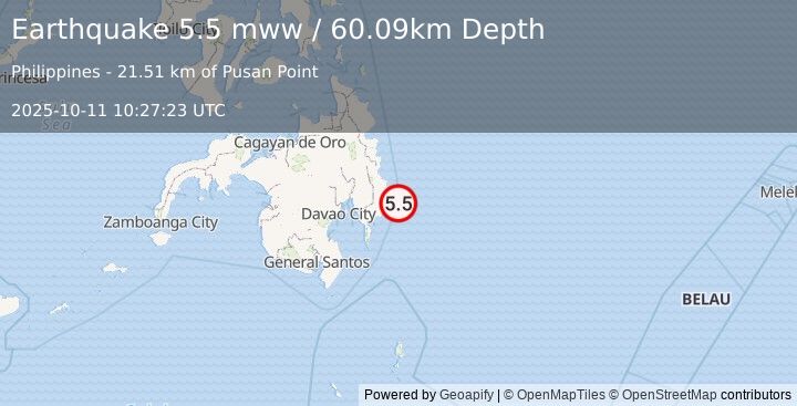 Earthquake 24 km E of Santiago, Philippines (5.5 mww) (2025-10-11 10:27:23 UTC)