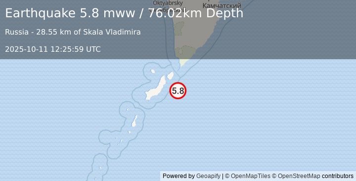 Earthquake 56 km SE of Severo-Kuril’sk, Russia (5.8 mww) (2025-10-11 12:25:59 UTC)
