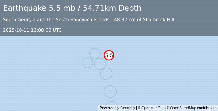 Earthquake South Sandwich Islands region (5.5 mb) (2025-10-11 13:08:00 UTC)