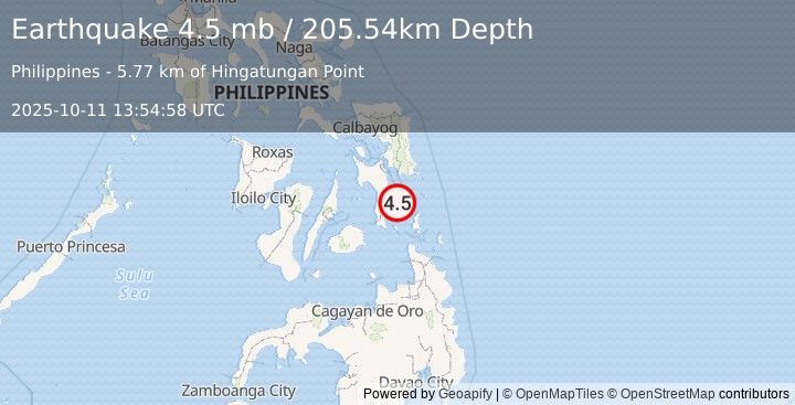 Earthquake 6 km ENE of Hingatungan, Philippines (4.5 mb) (2025-10-11 13:54:58 UTC)