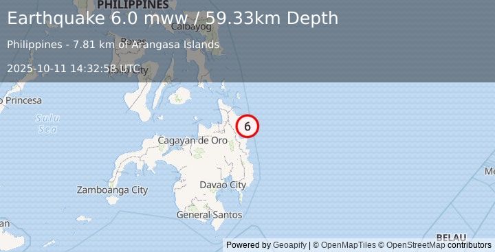 Earthquake 10 km ENE of Aras-asan, Philippines (6.0 mww) (2025-10-11 14:32:58 UTC)