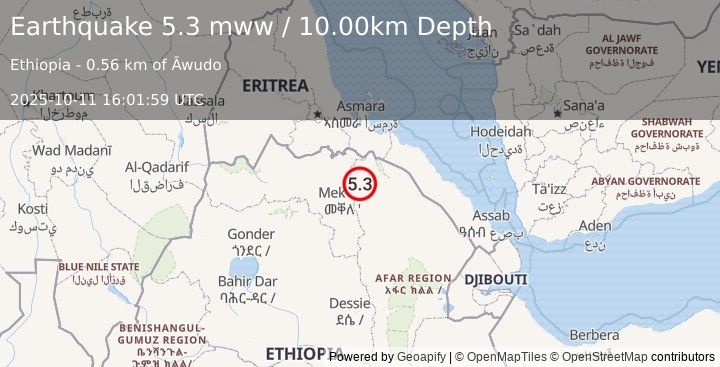 Earthquake 58 km NE of Mek'ele, Ethiopia (5.3 mww) (2025-10-11 16:01:59 UTC)