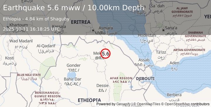 Earthquake 45 km ENE of Mek'ele, Ethiopia (5.6 mww) (2025-10-11 16:18:25 UTC)