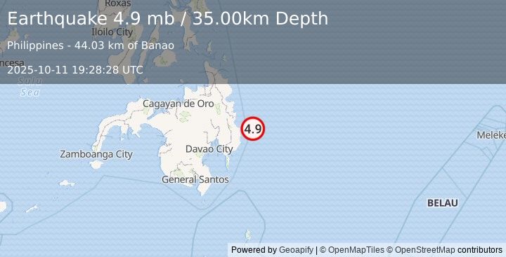 Earthquake 47 km E of Kinablangan, Philippines (4.9 mb) (2025-10-11 19:28:28 UTC)