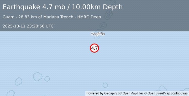 Earthquake 108 km S of Merizo Village, Guam (4.7 mb) (2025-10-11 23:20:50 UTC)