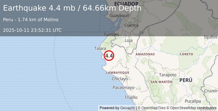 Earthquake 10 km N of Piura, Peru (4.4 mb) (2025-10-11 23:52:31 UTC)