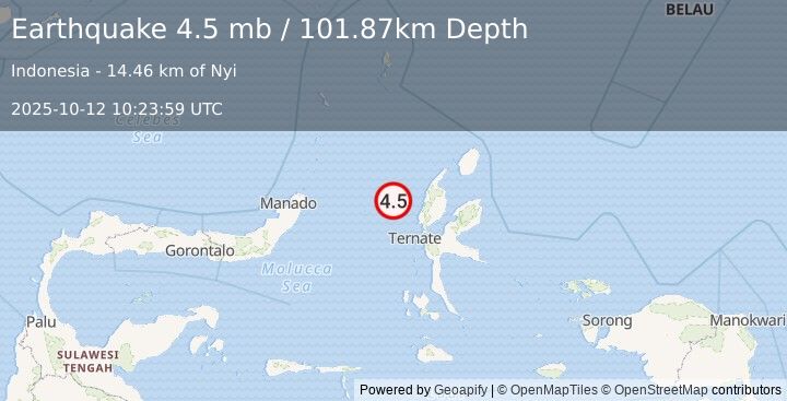 Earthquake 95 km NNW of Ternate, Indonesia (4.5 mb) (2025-10-12 10:23:59 UTC)