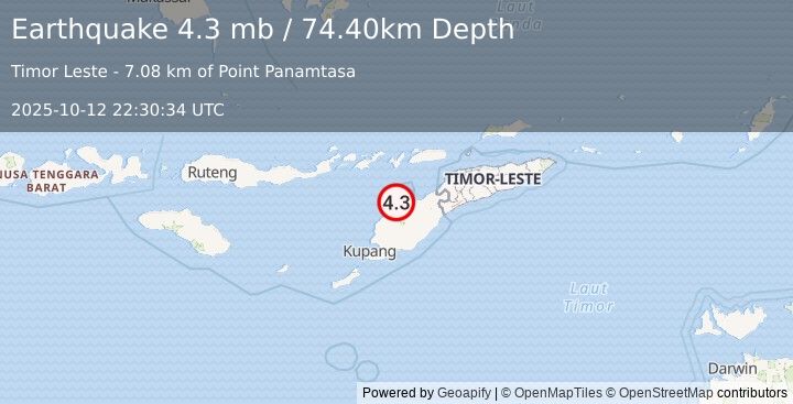 Earthquake 26 km W of Pante Makasar, Timor Leste (4.3 mb) (2025-10-12 22:30:34 UTC)