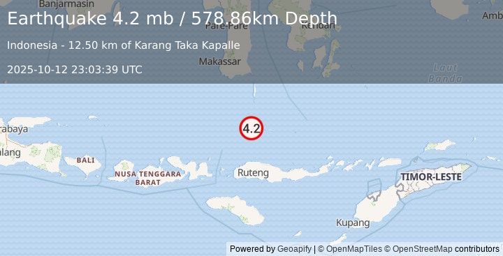 Earthquake 151 km NNE of Labuan Bajo, Indonesia (4.2 mb) (2025-10-12 23:03:39 UTC)