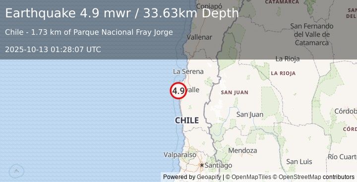 Earthquake 47 km W of Ovalle, Chile (4.9 mwr) (2025-10-13 01:28:07 UTC)