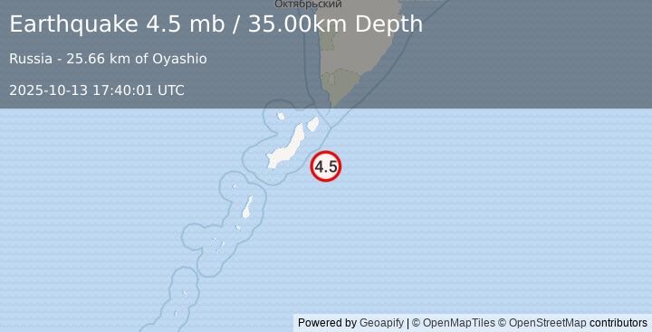 Earthquake 75 km SSE of Severo-Kuril’sk, Russia (4.5 mb) (2025-10-13 17:40:01 UTC)