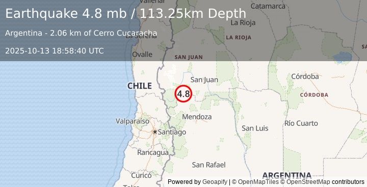 Earthquake 79 km S of Calingasta, Argentina (4.8 mb) (2025-10-13 18:58:40 UTC)