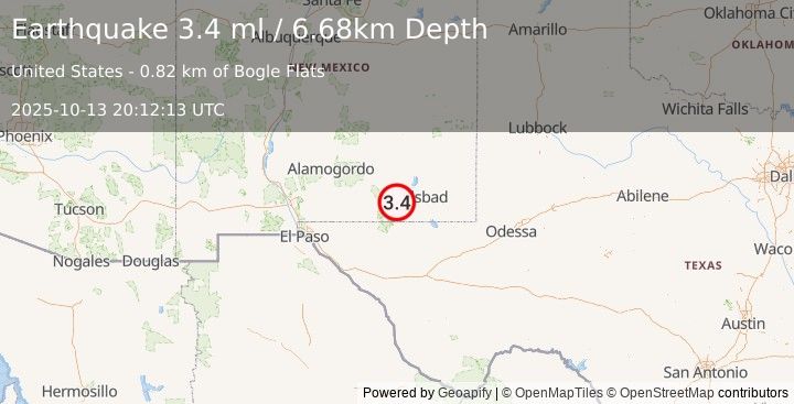 Earthquake 30 km NW of Whites City, New Mexico (3.4 ml) (2025-10-13 20:12:13 UTC)