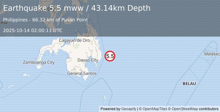 Earthquake 69 km E of Baculin, Philippines (5.5 mww) (2025-10-14 02:00:11 UTC)