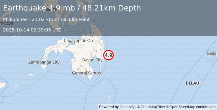 Earthquake 22 km E of Baculin, Philippines (4.9 mb) (2025-10-14 02:39:05 UTC)