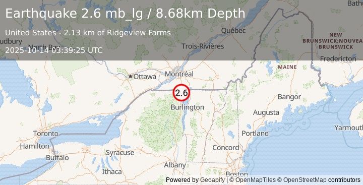 Earthquake 4 km NNW of Chazy, New York (2.6 mb_lg) (2025-10-14 03:39:25 UTC)