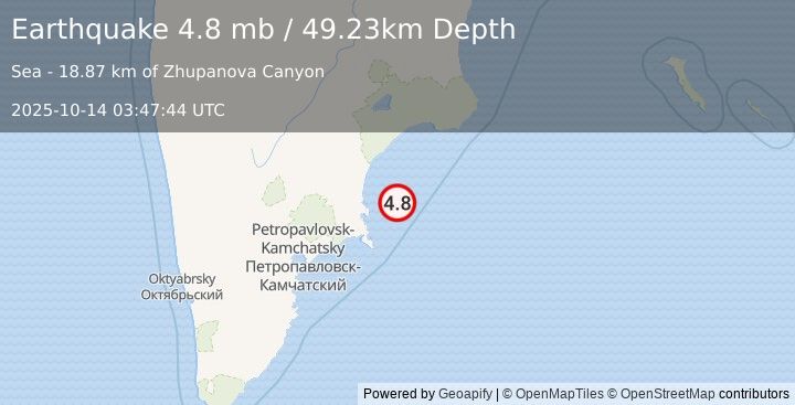 Earthquake 143 km ENE of Petropavlovsk-Kamchatsky, Russia (4.8 mb) (2025-10-14 03:47:44 UTC)