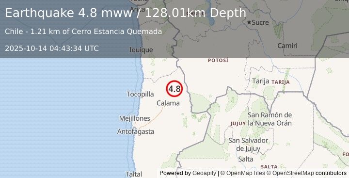 Earthquake 70 km NNE of Calama, Chile (4.8 mww) (2025-10-14 04:43:34 UTC)