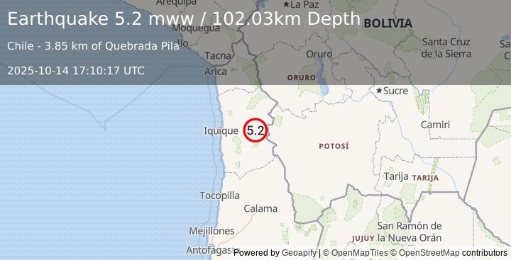 Earthquake 61 km ENE of La Tirana, Chile (5.2 mww) (2025-10-14 17:10:17 UTC)