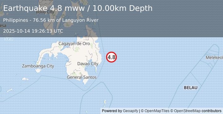 Earthquake 78 km E of Baculin, Philippines (4.8 mww) (2025-10-14 19:26:13 UTC)